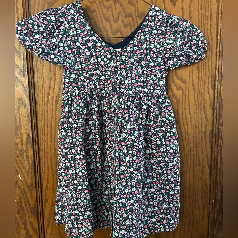 Janie and Jack Navy Floral Puff-Sleeve Dress with Pink and White Flowers